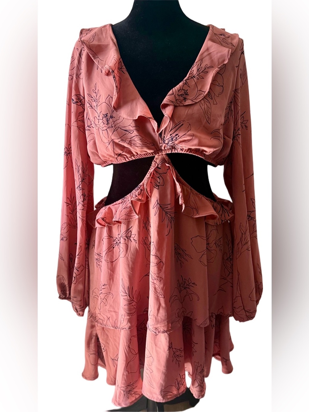 Open Edit Ruffle Floral Mini Dress Pink Floral Cutout Size XL $89 Sexy Barbie